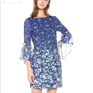 T Tahari Floral Blue Flow Dress with Bell Sleeves